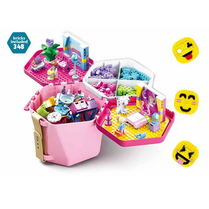Toy building set with pink organizer and various mini figures and accessories on a white background. Sluban Pink Bricks Bucket  Building Bricks