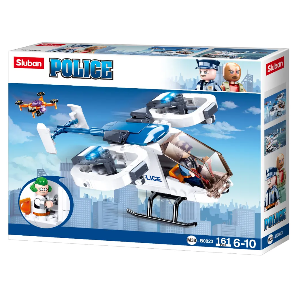 Stuban brand police helicopter building block toy set in its original retail packaging, featuring a white and blue helicopter with a small drone and officer minifigures on the box front. Police Armoured Transport Helicopter