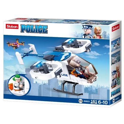 Stuban brand police helicopter building block toy set in its original retail packaging, featuring a white and blue helicopter with a small drone and officer minifigures on the box front. Police Armoured Transport Helicopter