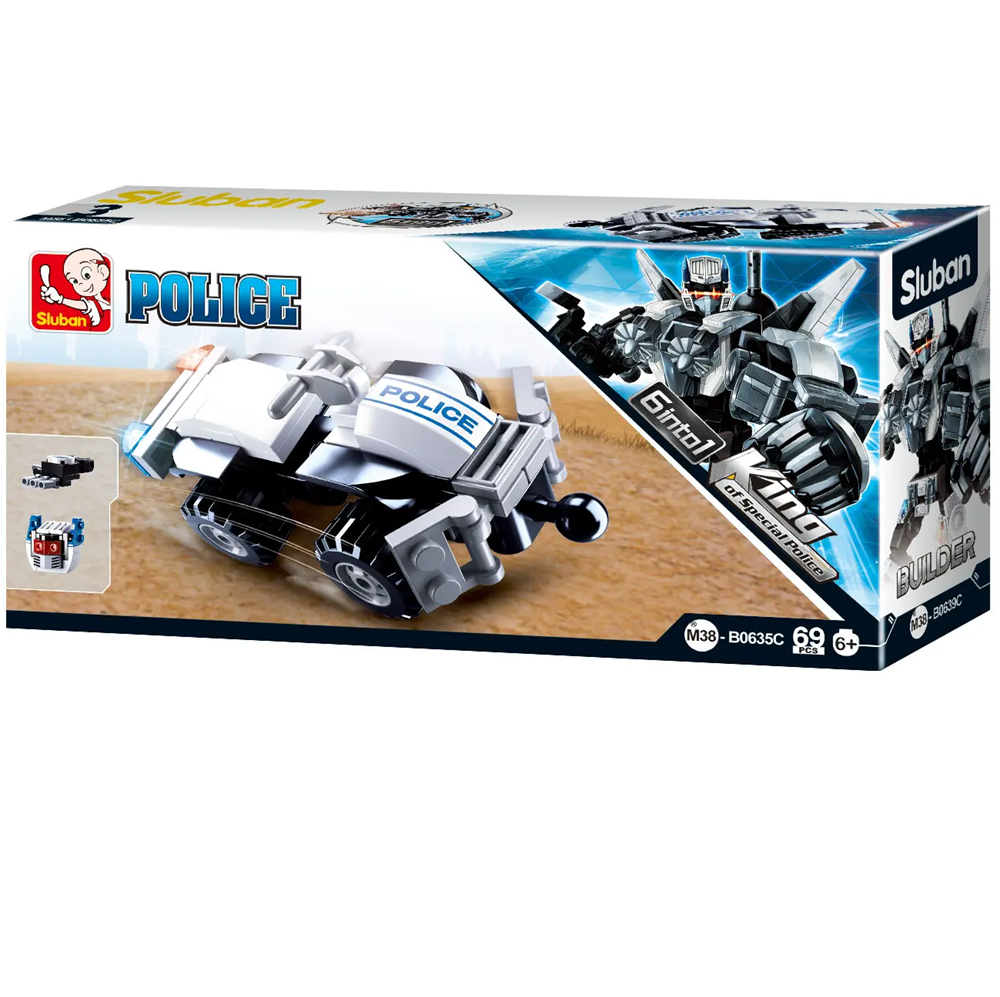 A boxed  building block set featuring a white and grey police car with 'POLICE' markings. The retail box shows the product name 'POLICE', the Stuban brand, age rating 8+, and a small inset showing the assembled toy. Sluban Police Car 3 King of Special Police Building Brick Kit