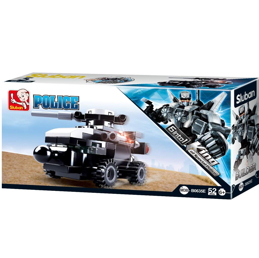 Stuban Police building block toy set in its original retail packaging, featuring a black and white armoured vehicle on the box front. Sluban Police Vehicle 5 King of Special Police Building Brick Kit