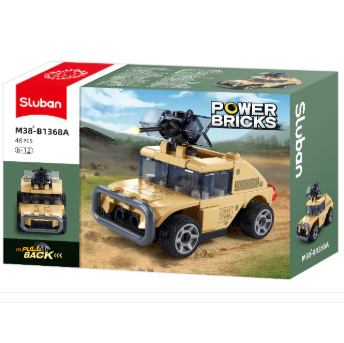 Sluban Power Bricks toy building block set in a tan military-style off-road vehicle with a mounted gun, shown in its retail box packaging. Sluban Power Bricks Army Vehicle A Pull Back Building Brick Kit