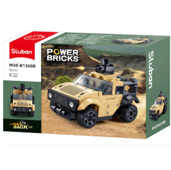 Sluban Power Bricks toy building block set in a military-style tan off-road vehicle, shown in its retail packaging box. Sluban Power Bricks Army Vehicle B Pull Back Building Brick Kit