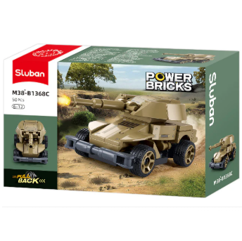 Sluban Power Bricks M38-B1368C Back 4x4 toy building block set in its original retail packaging, featuring a tan military tank vehicle on a desert and grassy background. Sluban Power Bricks Army Vehicle C  Pull Back Building Brick Kit