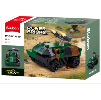 Sluban Power Bricks toy building block set in its retail packaging, featuring a green and black military-style vehicle with a mounted gun. Sluban Power Bricks Army Vehicle D  Pull Back Building Brick Kit