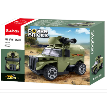Sluban Power Bricks military armoured vehicle building block toy set in its original retail packaging, featuring a green armored truck model. Sluban Power Bricks Army Vehicle E | Pull Back Building Brick Kit