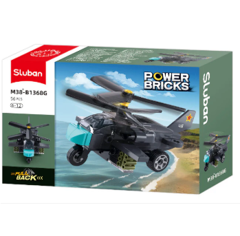 Sluban Power Bricks toy building block set box for M38-B1368G, featuring a military-style helicopter model with a teal underside and black body, shown on a green and white retail package. Sluban Power Bricks Army Vehicle G Pull Back Building Brick Kit