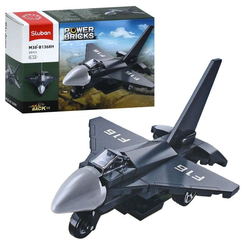 A Stuban Power Bricks toy building block set for assembling a black and grey jet fighter model, shown next to its retail packaging box on a white background. Sluban Power Bricks Fighter Jet Vehicle H  Pull Back Building Brick Kit