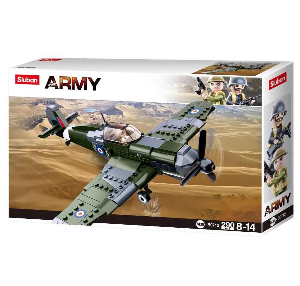 Sluban Army toy airplane set packaging with soldiers on a desert background. RAF Spitfire Fighter Plane