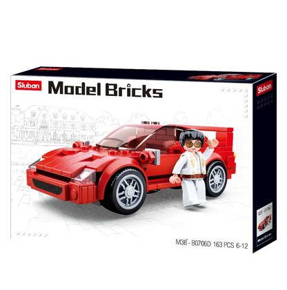 Sluban Model Bricks packaging with a red car and person figure on a white background. Sluban Red F40 Car Building Brick Kit