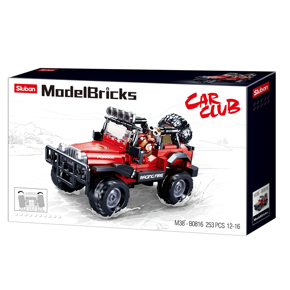 Model Bricks Car Club toy vehicle packaging with red off-road vehicle on a white background. Sluban Red Raging Fire Jeep - Car Club Building Brick Kit