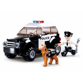 A toy police car set with a blac...
