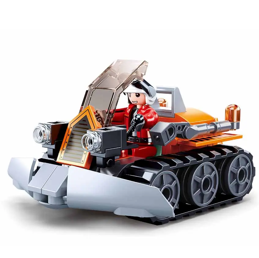 Toy tank model with a figure inside on a white background. Sluban Snow Plough Town Snowfield Rescue Building Brick Kit