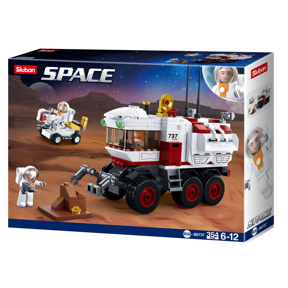 Sluban Space toy set packaging with vehicle and astronauts on a desert moon landscape.  Sluban Space Mars Planet Rover Building Brick Kit with 3 Minifigures