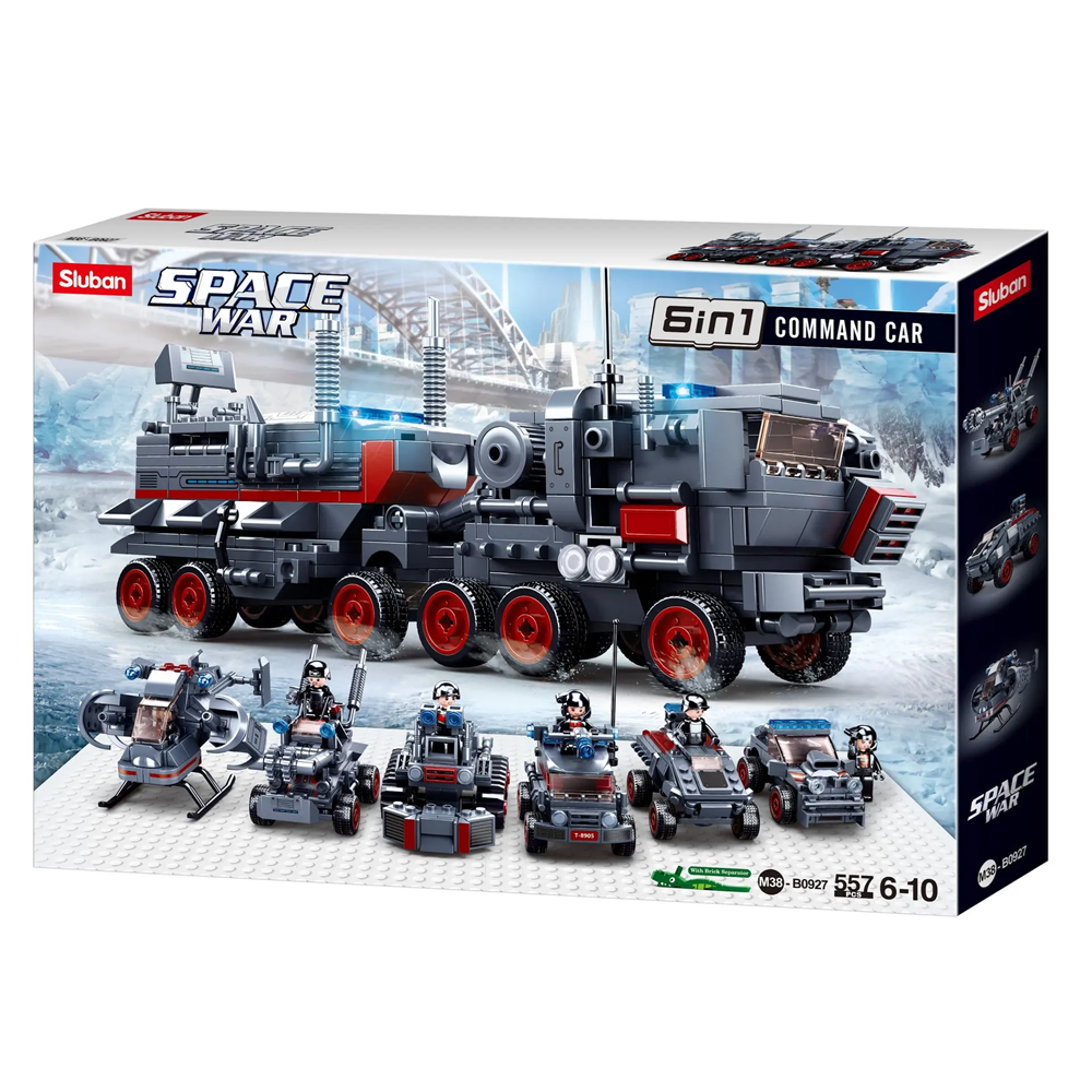 Toy set packaging for 'Space War' with command car and multiple vehicles on a snowy landscape. Sluban Space War Command Vehicle 6-in-1 Building Brick Kit with Minifigure