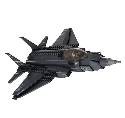 A black and dark grey toy fighter jet model with a transparent cockpit, shown from a side angle on a plain white background. Sluban Stealth Multirole Fighter