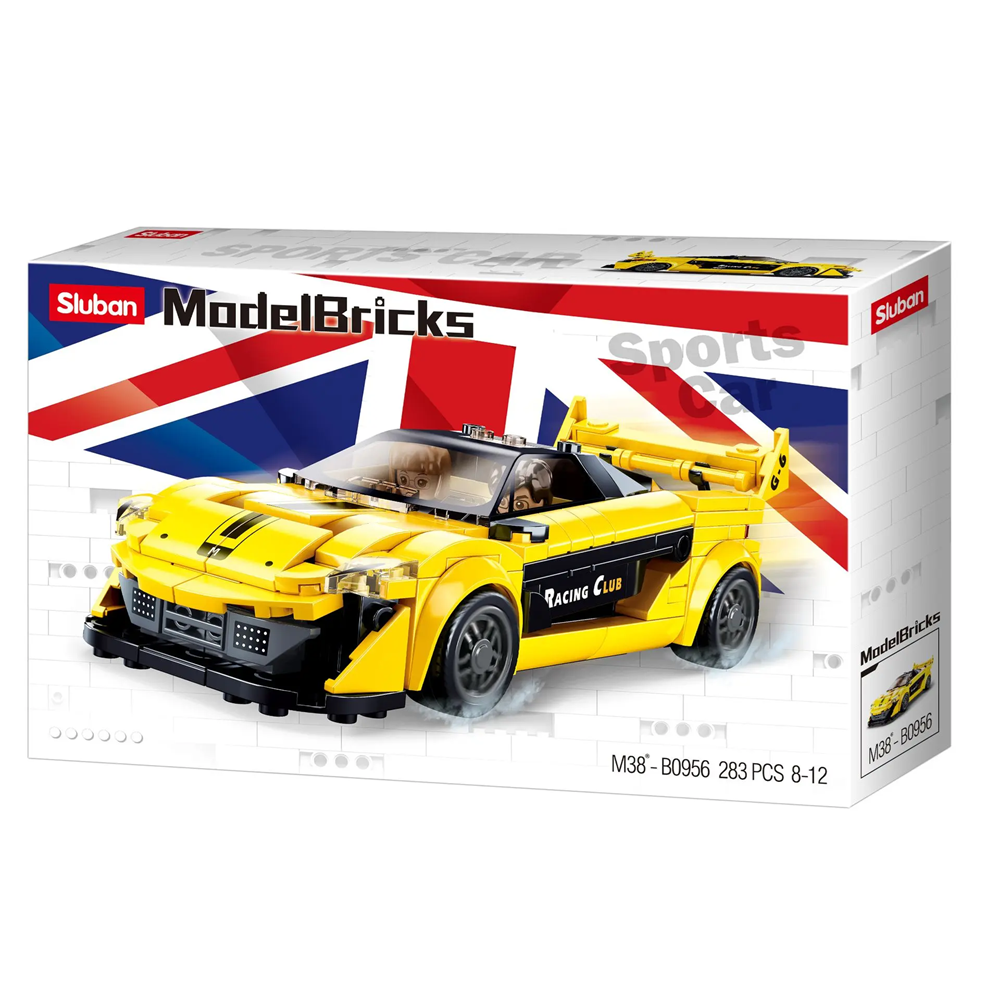 Sluban ModelBricks sports car building set packaging with a Union Jack design. Sluban English Super Car Yellow racing car building brick kit with minifigure