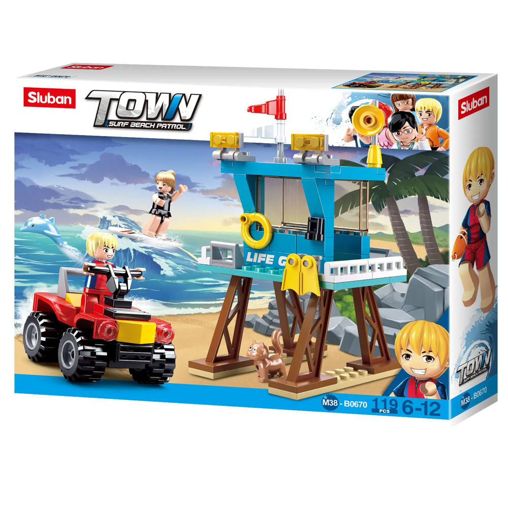 Sluban TOWN toy set packaging with beach patrol station and characters on a white background. Sluban Surf Beach Patrol Lifeguard Tower Building Brick Kit with Beach Buggy