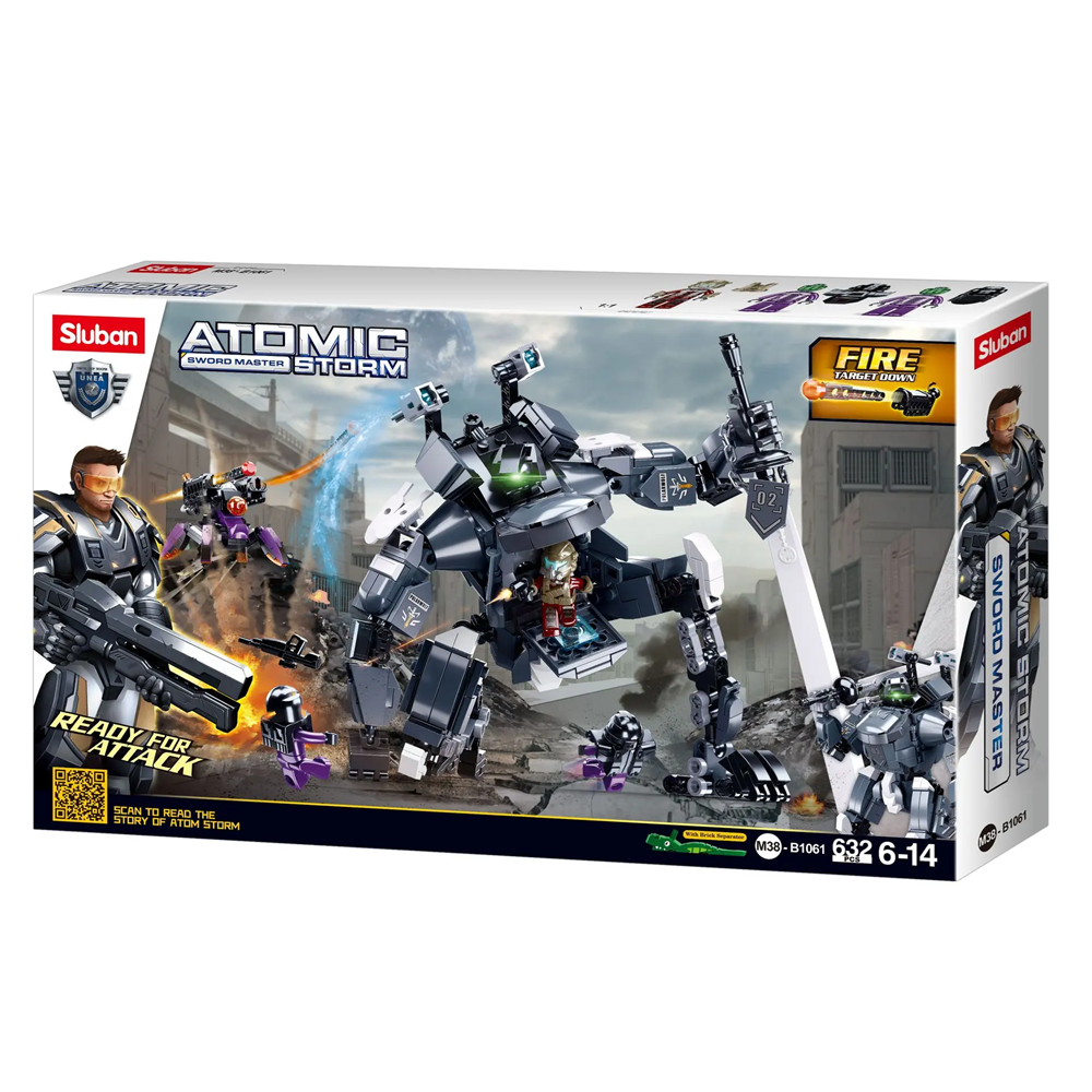Sluban Atomic Storm toy set packaging with robots and characters on a white background. Sluban Sword Master Atomic Storm 