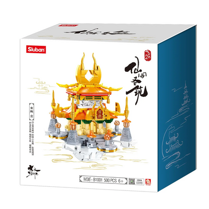 Sluban toy packaging with a pagoda model on a white background. Sluban The Golden Palace brick kit