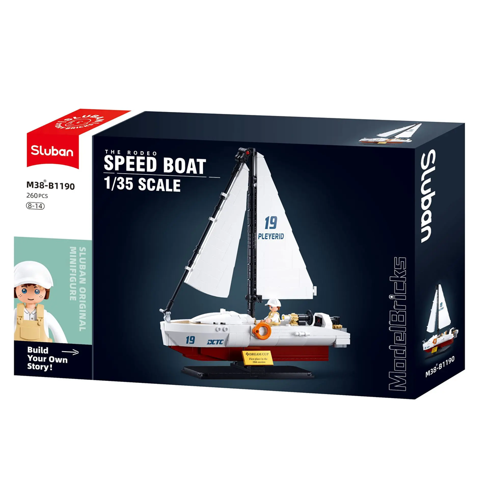 Sluban model boat kit packaging with sailboat illustration on a white background. Sluban The Rodeo Speed Boat