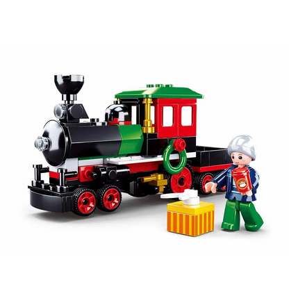 LEGO train set with a figure holding a box on a white background. Sluban Train New Year Town Building Brick Kit