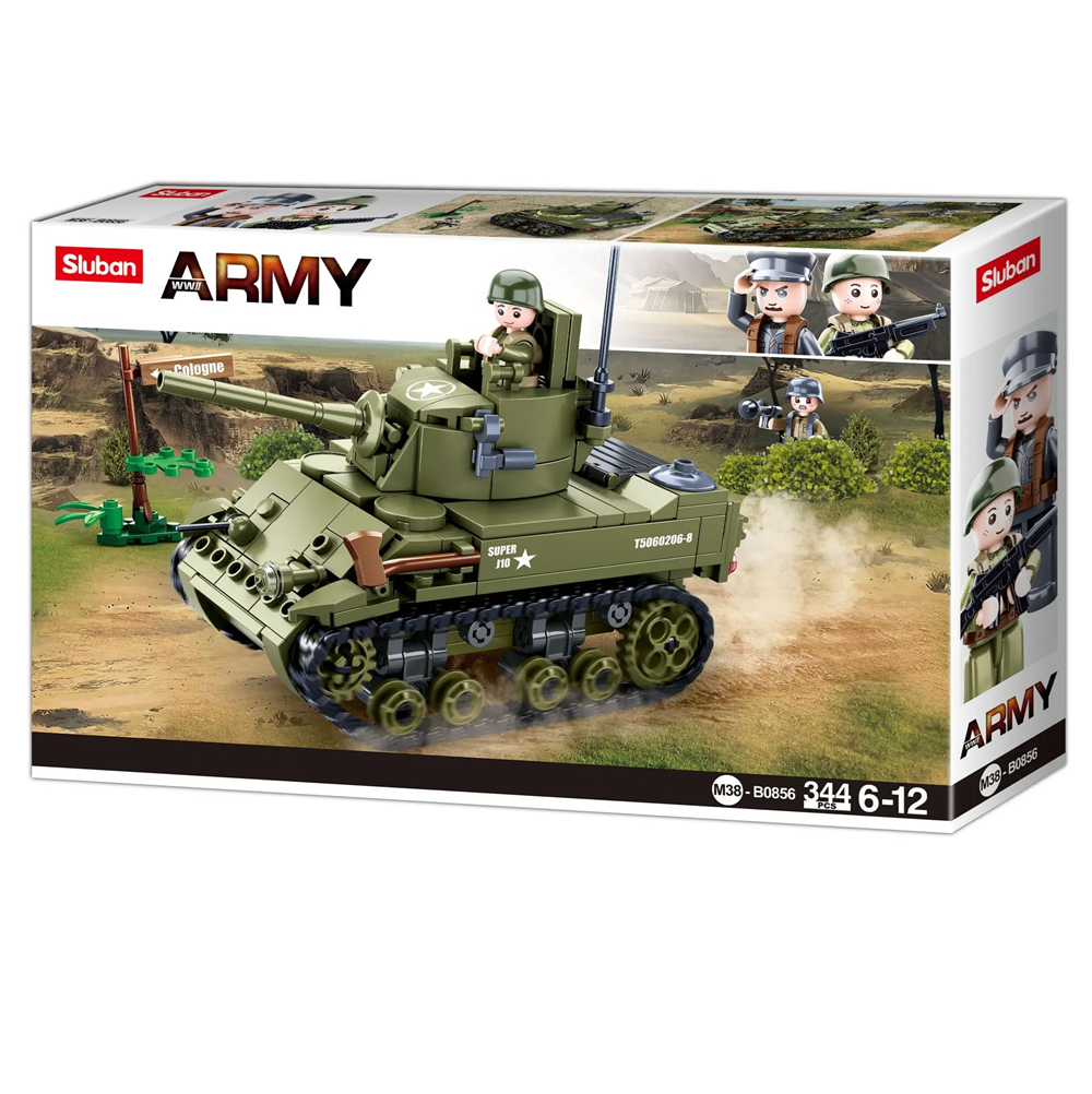 Toy tank set in packaging with soldiers on a white background. Sluban WW2 M5 Stuart Light Tank Brick Model Kit with Minifigures