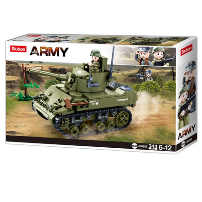 Toy tank set in packaging with soldiers on a white background. Sluban WW2 M5 Stuart Light Tank Brick Model Kit with Minifigures