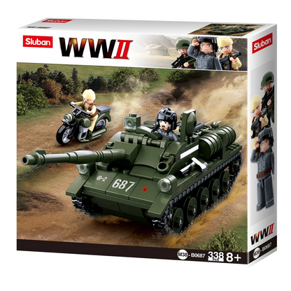 Toy tank set in packaging with Sluban WWII branding. Sluban WW2 SU-85 Tank Destroyer Building Brick Set with Motorcycle & Minifigures