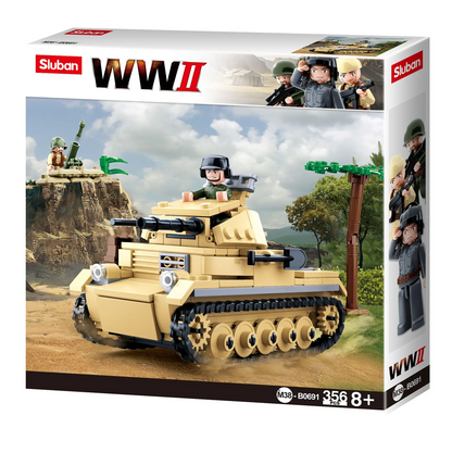 Sluban WWII toy tank set packaging with soldiers and landscape. Sluban WWII Panzer II tank brick building set with 356 pieces