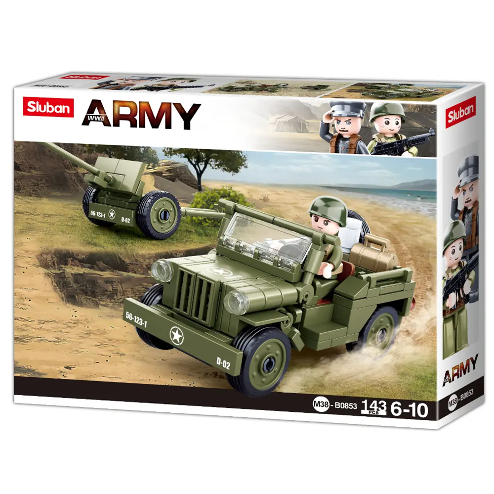 Sluban Army toy set packaging with military vehicle and figures on a white background. Sluban Willys Jeep WW2 Army Building Brick Kit