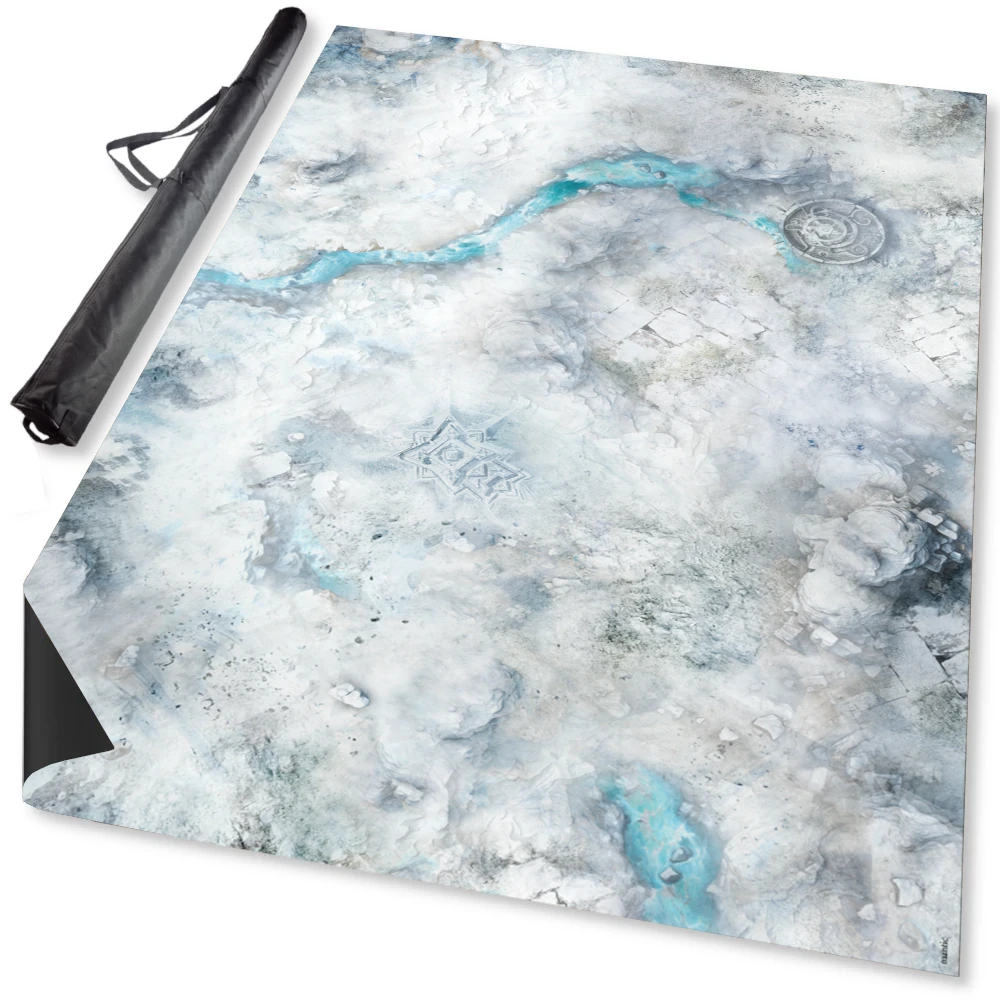 Snowfield neoprene gaming mat, 6ft x 4ft, featuring an ice and snow-themed design, ideal for sci-fi wargames like Warhammer 40k and Firefight, with durable material.