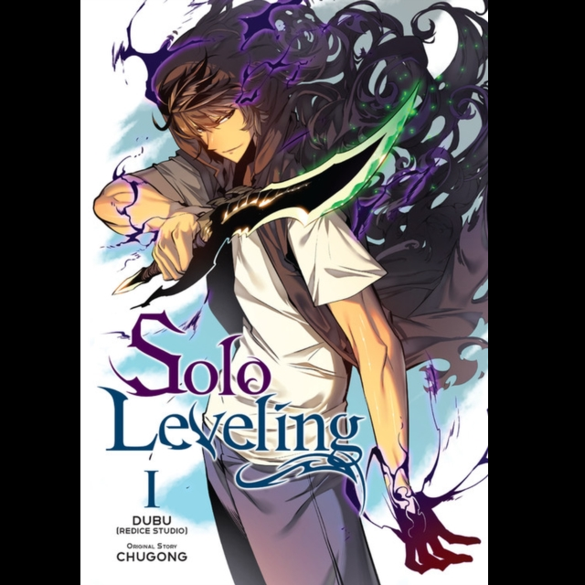 Solo Leveling, Vol. 1. Manga book cover titled 'Solo Leveling' with an animated character on a white background
