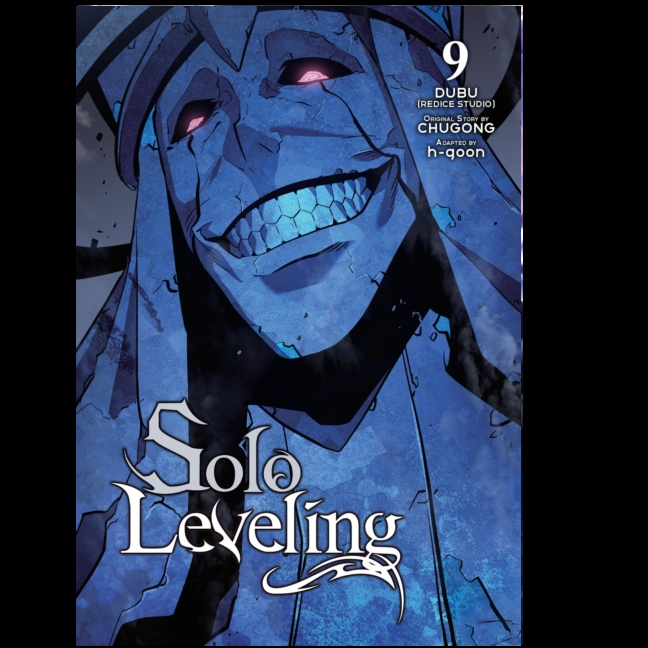 Solo Leveling, Vol. 9. Comic book cover of 'Solo Leveling' with a character's face in blue tones.