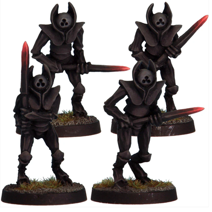 Sorcerous Sentinels by Crooked Dice, a pack of four white metal 28mm scale miniatures for your tabletop games representing metal looking monsters holding swords