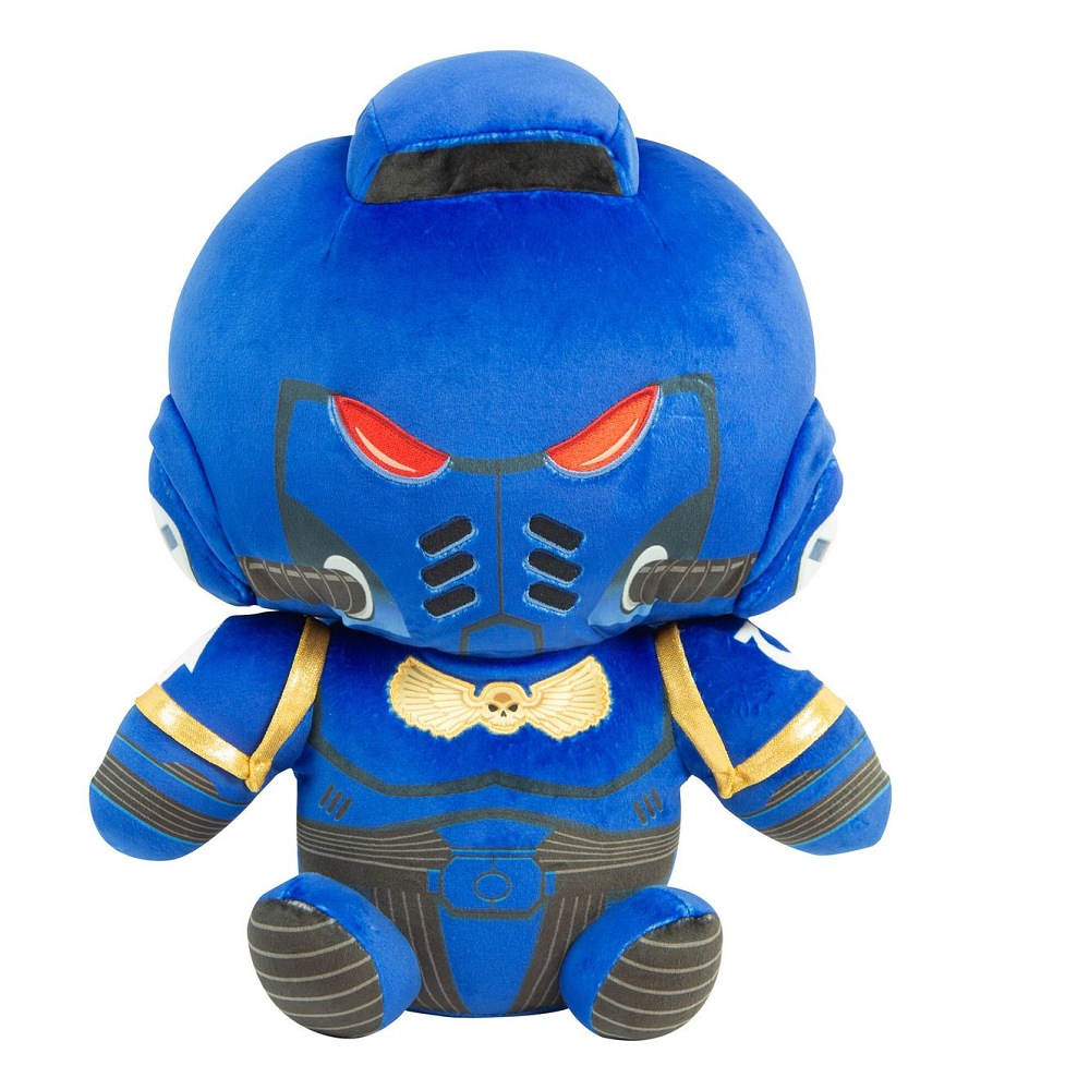 Warhammer 40,000 Space Marine Plush 13” by Tomy. Blue  plush toy with red eyes on a white background
