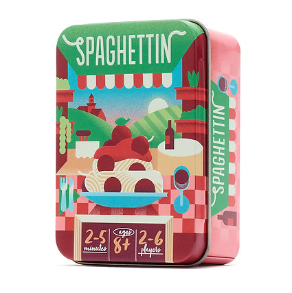 A square metal tin box for a game called 'Spaghetti', featuring a colorful retro illustration of spaghetti on a plate with tomatoes, a checkered table, and game text including '2-5 minutes', 'age 8+', and '2-6 players'. Spaghettin - Tinned Game