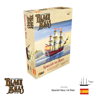Spanish Navy 1st Rate. Miniature box for 'Black Seas' with a Spanish navy ship illustration on a beige background