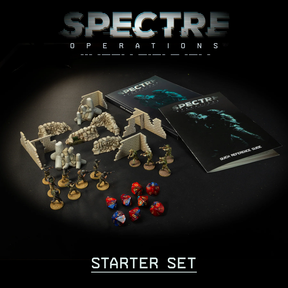 Spectre Operations: Starter Set. Box contents of Spectre Operations Starter Set showing rulebook, scenario sheet, miniatures, printed scenery, dice and plastic bases.