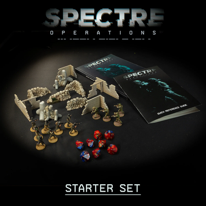 Spectre Operations: Starter Set. Box contents of Spectre Operations Starter Set showing rulebook, scenario sheet, miniatures, printed scenery, dice and plastic bases.