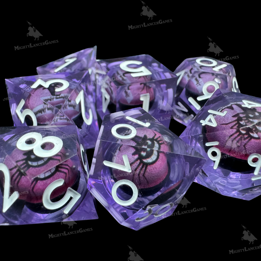 Set of 7 purple liquid core dice featuring a playful spider wearing a hat. White numbers for clarity, presented in a sleek black case with magnetic closure.
