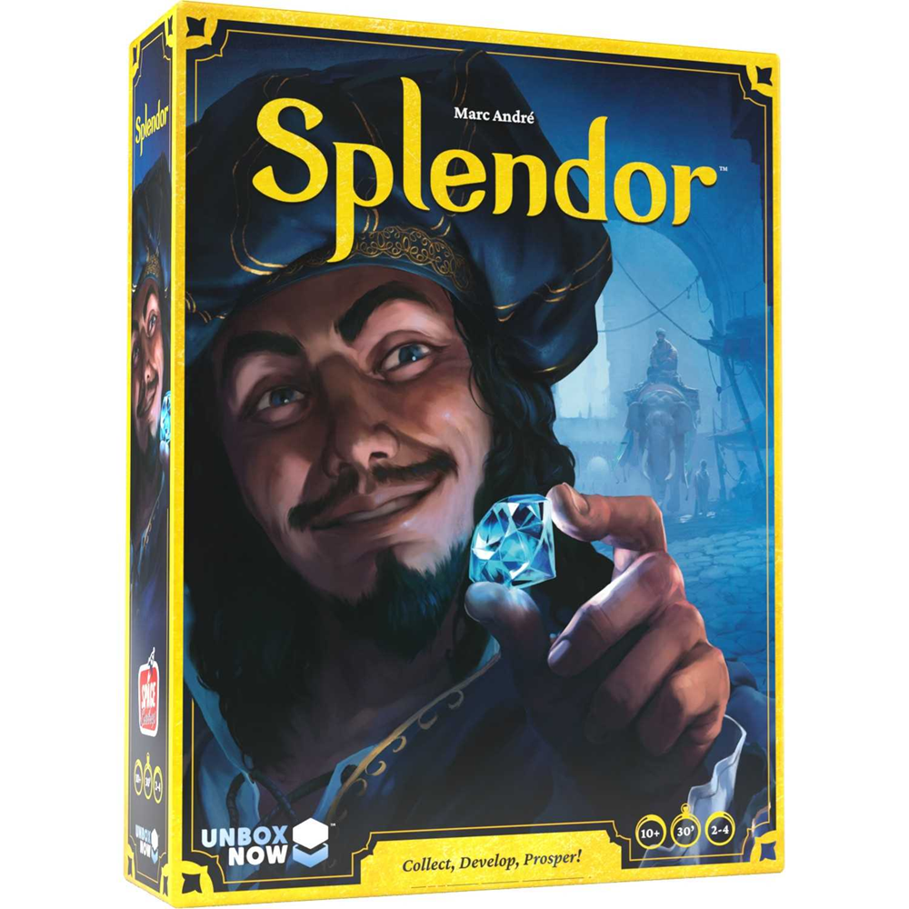 Board game box for 'Splendor' with a character holding a gemstone. Splendor Strategy Board Game for 2 to 4 Players Ages 10+