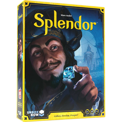 Board game box for 'Splendor' with a character holding a gemstone. Splendor Strategy Board Game for 2 to 4 Players Ages 10+