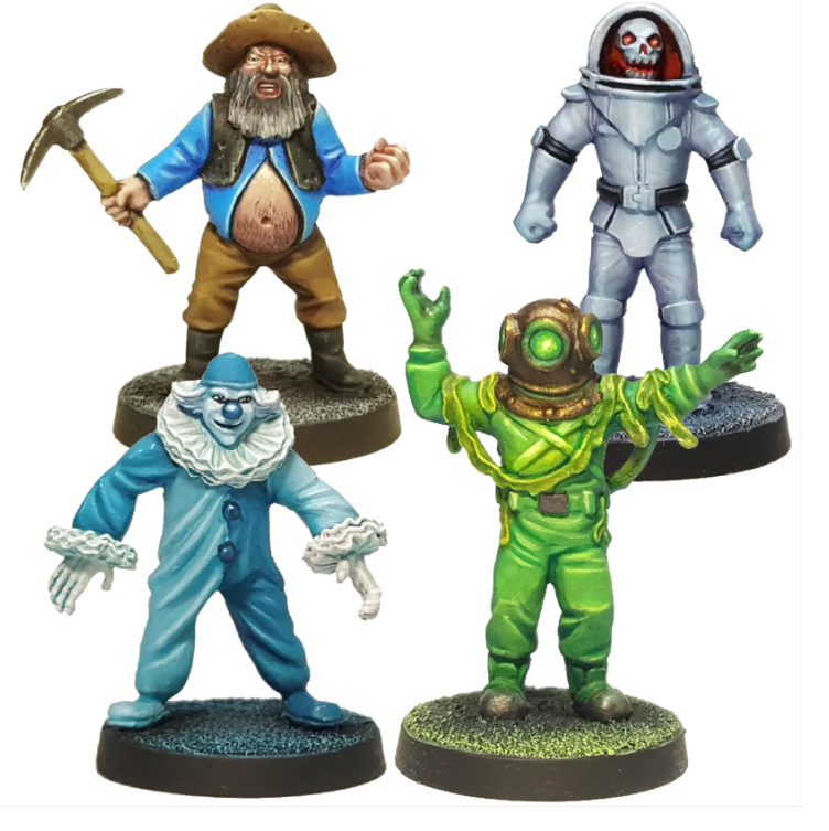 Spooks by Crooked Dice, a pack of four white metal miniatures for your tabletop games, with an undead astronaut, creepy clown, deep sea diver and prospector that the Mystery Machine would race scooby and the gang towards for those meddling kids to solve