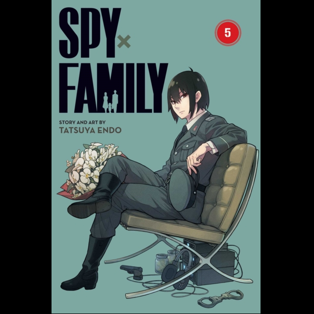 Spy x Family, Vol. 5. Book cover of 'Spy x Family' with a character sitting on a chair holding flowers, on a teal background.