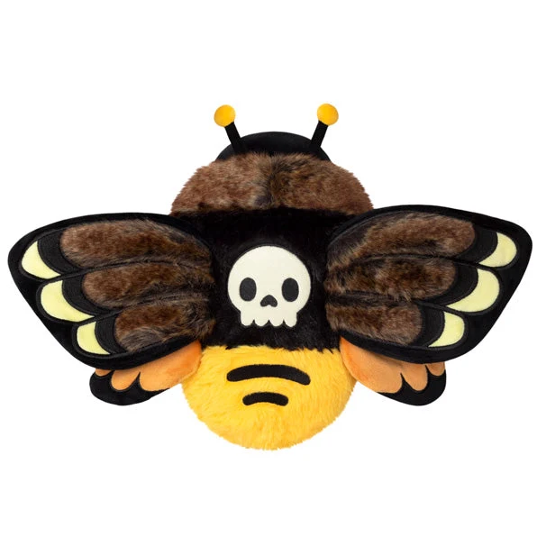 A plush moth costume headpiece with brown and black fuzzy wings, yellow antennae, a white skull emblem on the thorax, and a yellow fuzzy abdomen, shown on a plain white background. Squishable Death's-head Hawkmoth