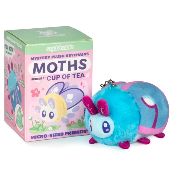 A Squishable 'Moths Series 1: Cup of Tea 3' mystery plush keychain shown next to its retail packaging box on a white background. Squishable Moths Cup Of Tea Blind Box Plush Keyring Series 1