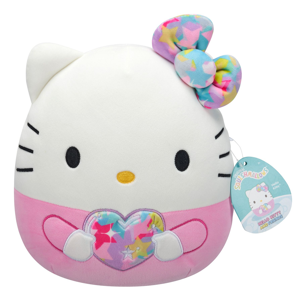 Squishmallow Hello Kitty Plush. Plush toy resembling a character with a colourful bow and heart design on a white background