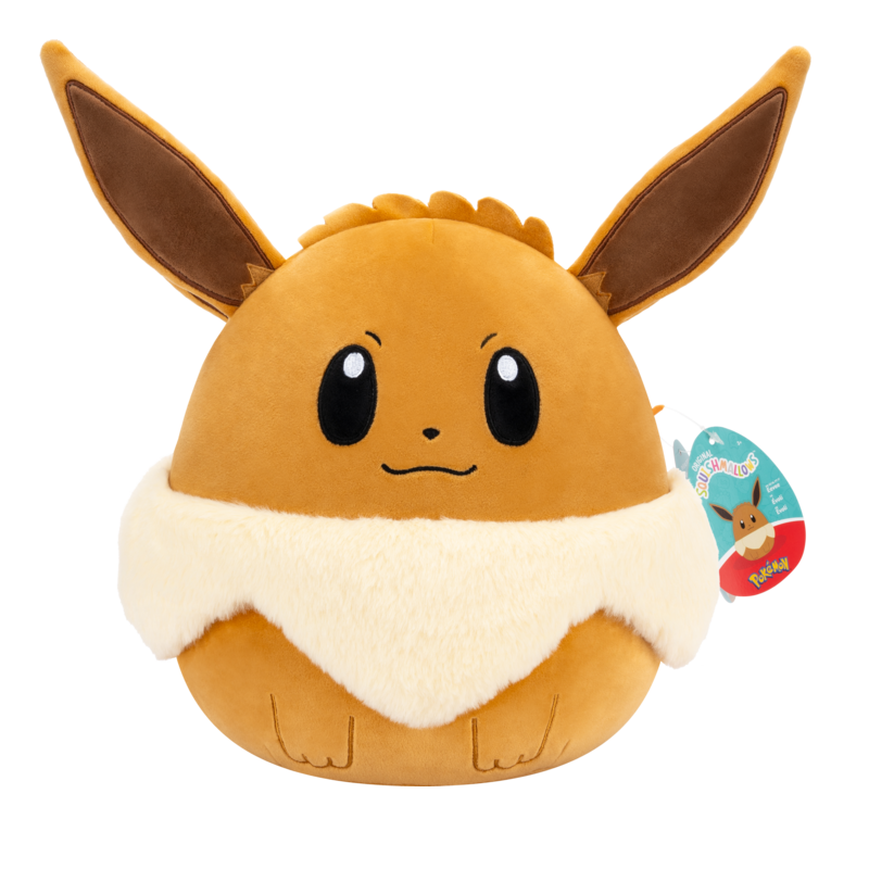 Squishmallows Eevee. Plush toy of a character with large ears and a white collar on a white background
