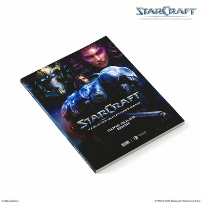 StarCraft Tabletop Miniatures Game Core Rules Book shown at an angle on a white background, with the StarCraft logo visible in the top right and copyright text at the bottom. StarCraft Rulebook - Paperback